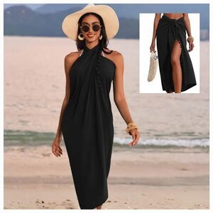 Black Swimsuit Cover Up Halter Dress Saronge Skirt Fringe Tassel | NWT